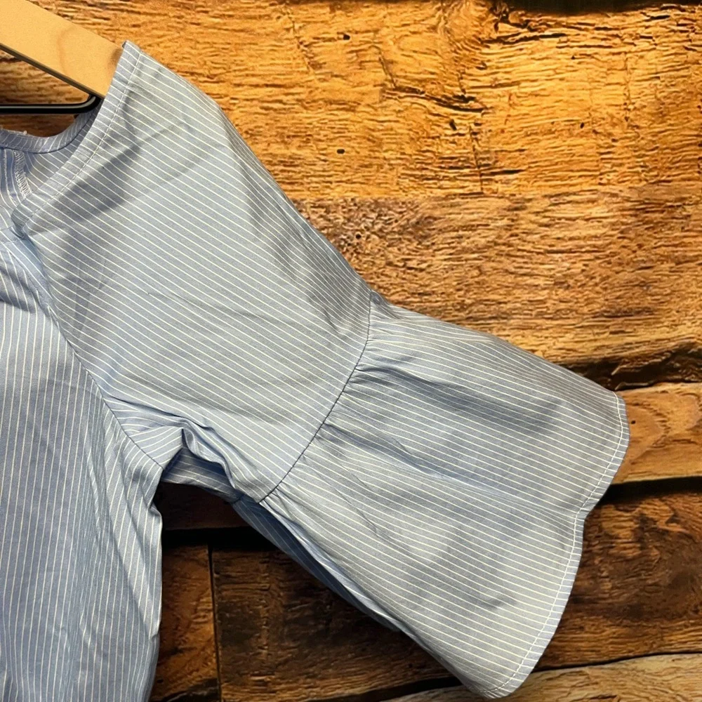 Ann Taylor Blue and White Pin Stripe Cold Shoulder Ruffle Dress (102) - Picture 4 of 9